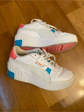 Puma Cali Wedge Platform Leather Sneakers with Pink & Teal Accents
